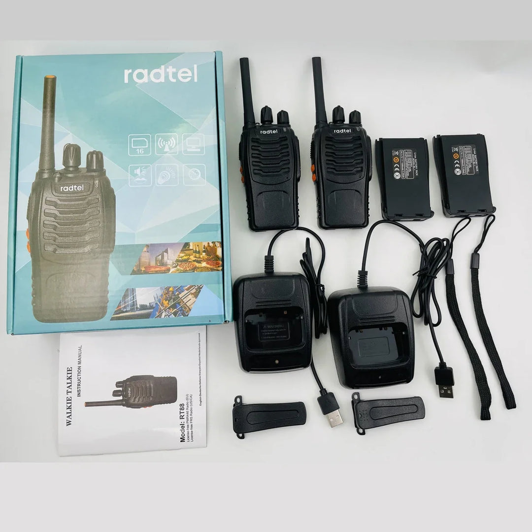 Set of walkie-talkies with accessories and packaging on a white background