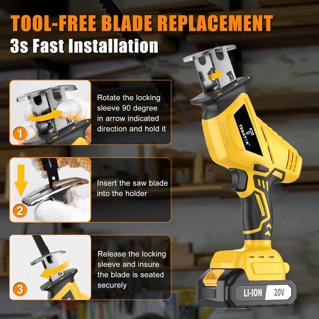 Yellow cordless saw with step-by-step guide for tool-free blade replacement on a blurred workshop background.