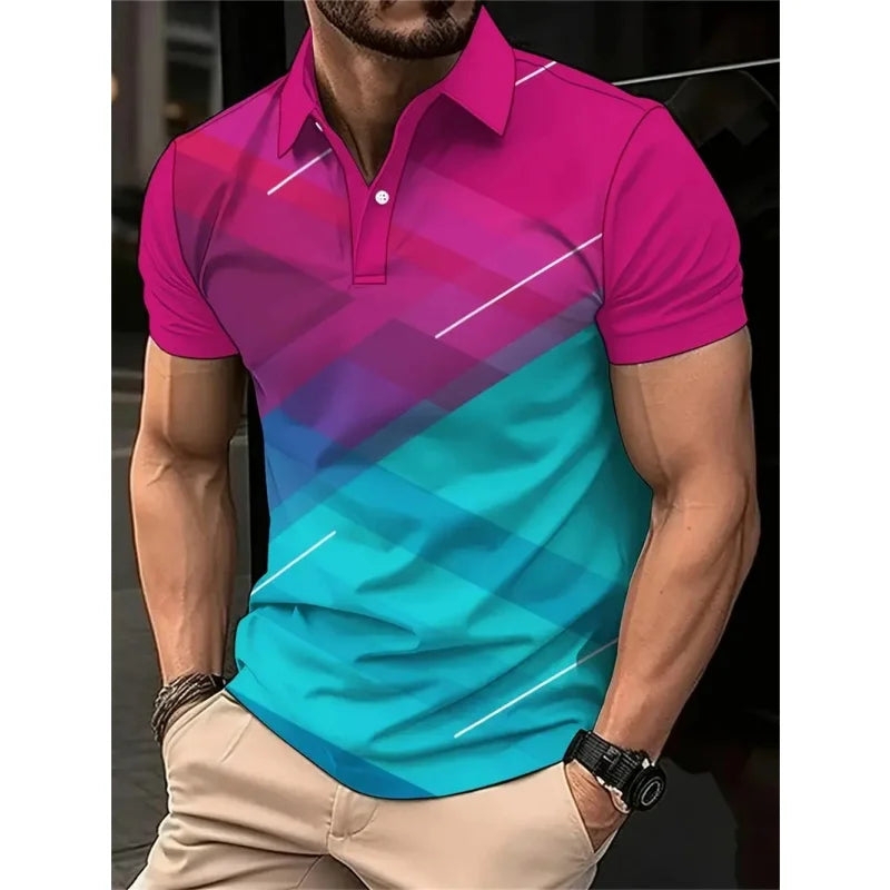 SmartGearPros 3D Printed Colorful Striped Polo Shirt – Geometric Pattern