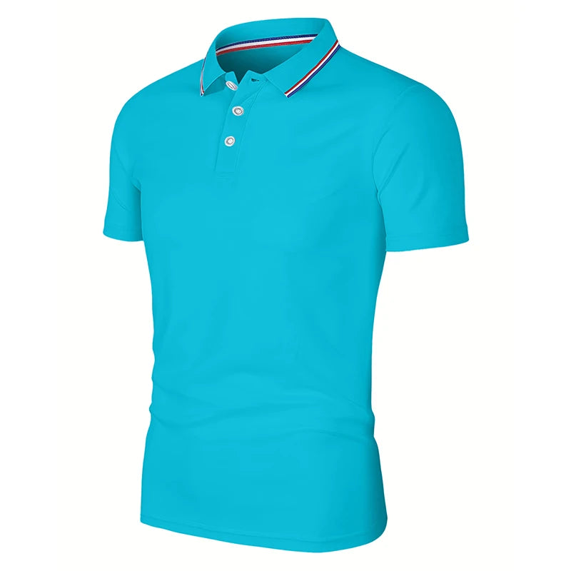 SmartGearPros breathable polyester polo shirt in turquoise color with button collar and short sleeves.