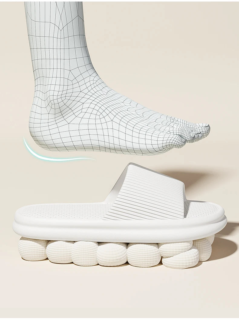 White sandal with thick sole and grid overlay on foot