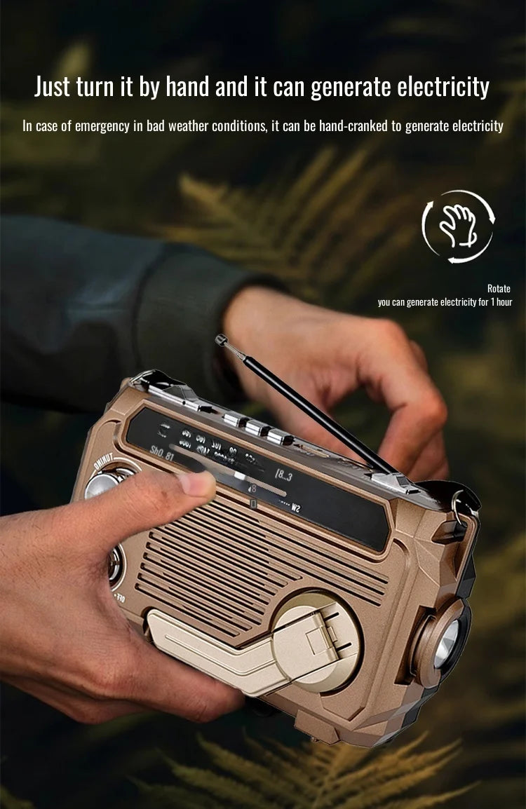 Hand-cranked radio device with text explaining its functionality