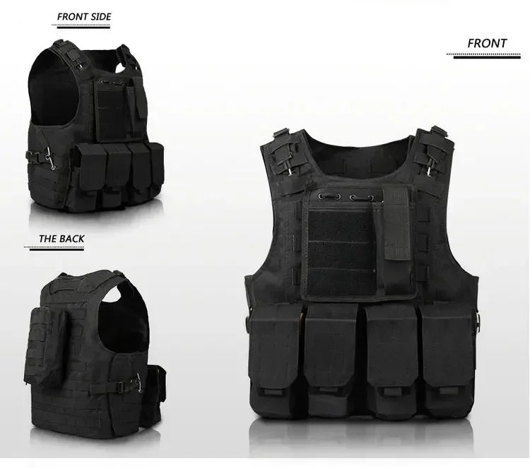 Black tactical vest shown from front and back on a white background