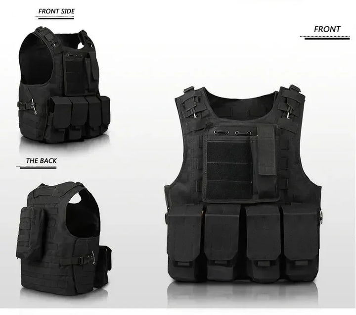 Black tactical vest shown from front and back on a white background
