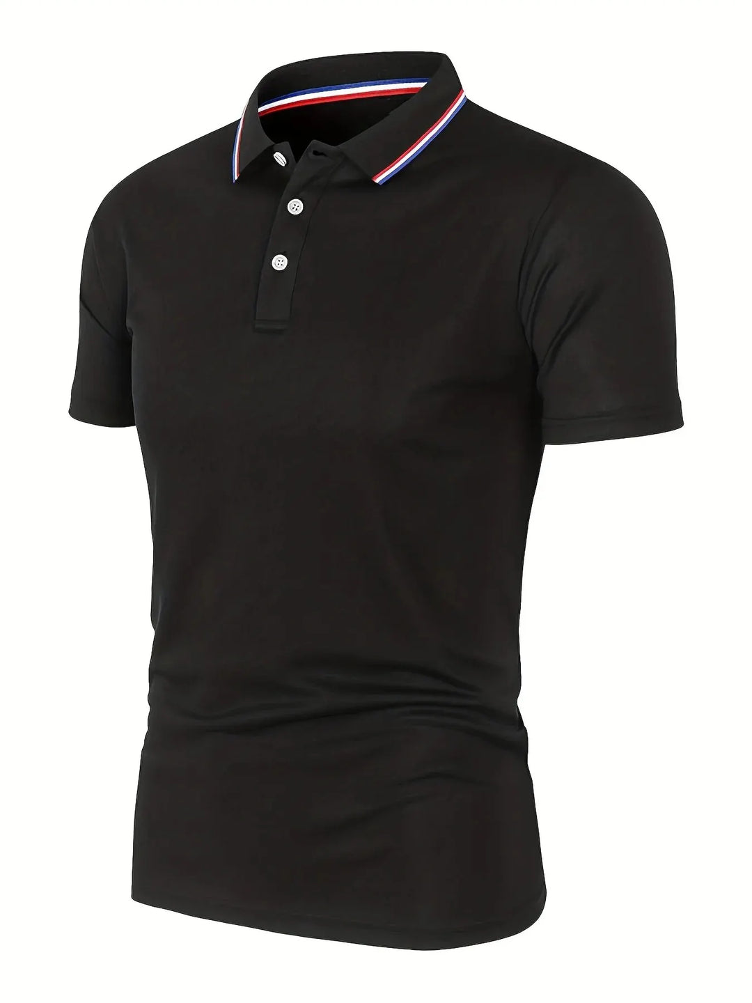 SmartGearPros breathable polyester polo shirt in black with button collar and colored trim.