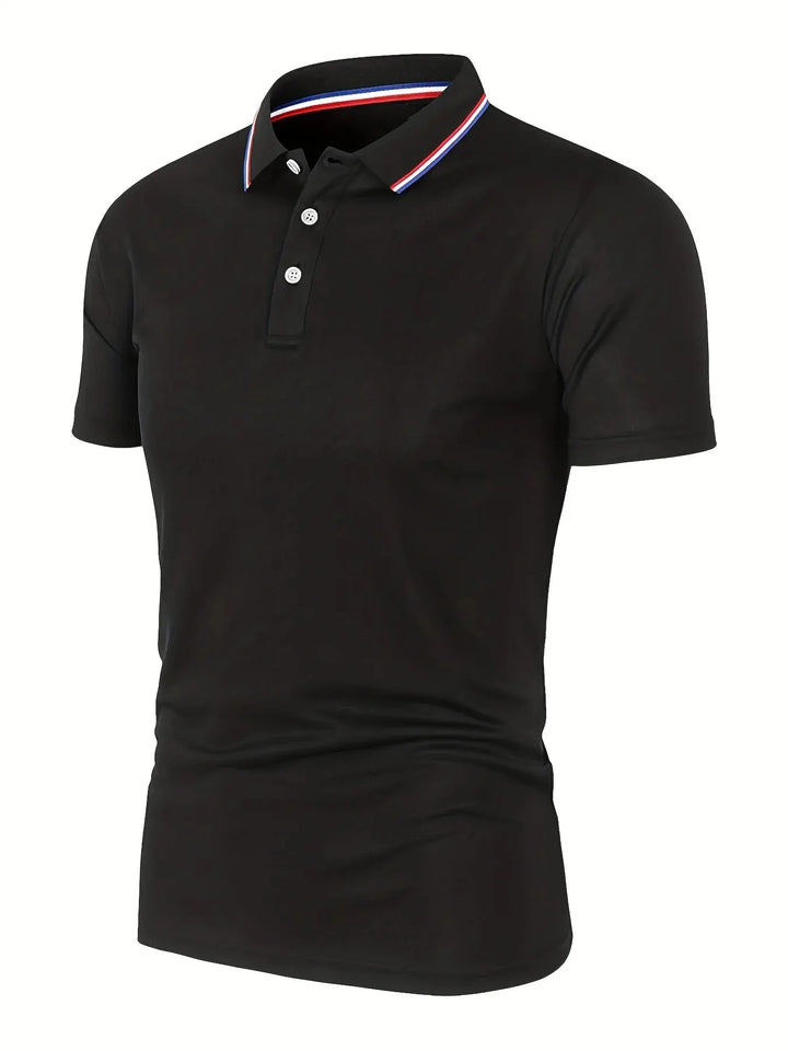 SmartGearPros breathable polyester polo shirt in black with button collar and colored trim.