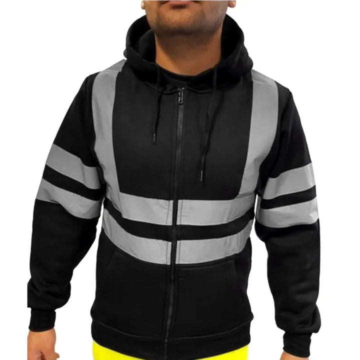 Black and gray reflective hoodie worn by a person on a white background