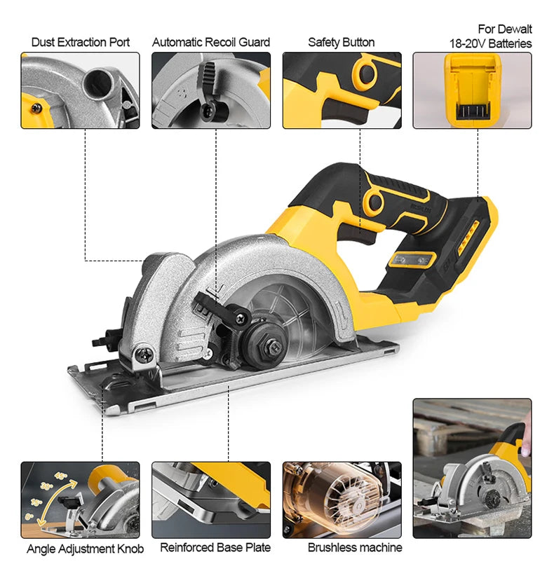 5 Inch Brushless Circular Saw Cordless Rechargeable Chainsaw Battery Set Woodworking One Hand Chainsaw For Dewalt 20V Battery product image showing features or usage