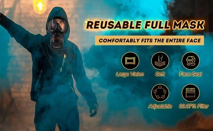Person wearing a full face mask with product features highlighted on a blue background