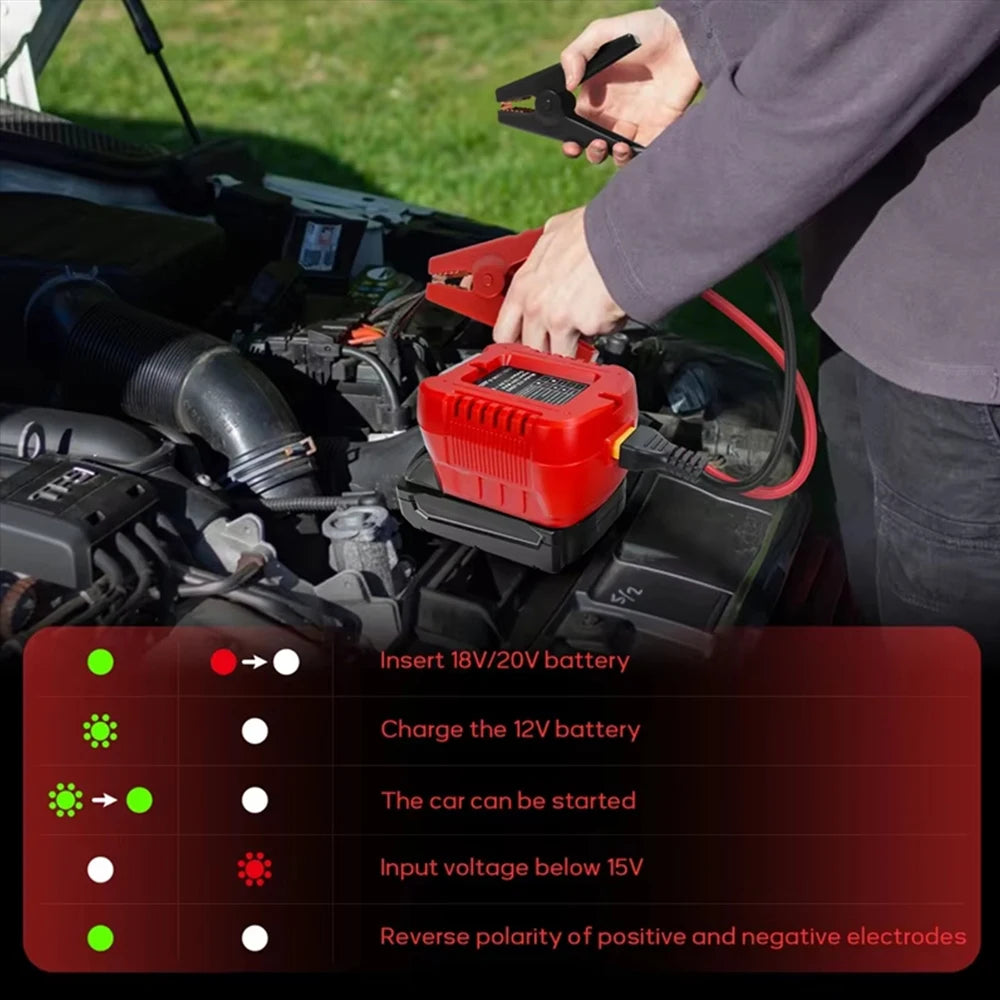 Person using a jump starter to charge a car battery with a clear background