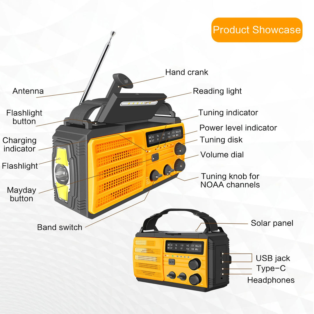 SmartGearPros Emergency Weather Radio - FM AM WB Hand Crank Solar USB Charging 2000mAh Power Bank LED Flashlight