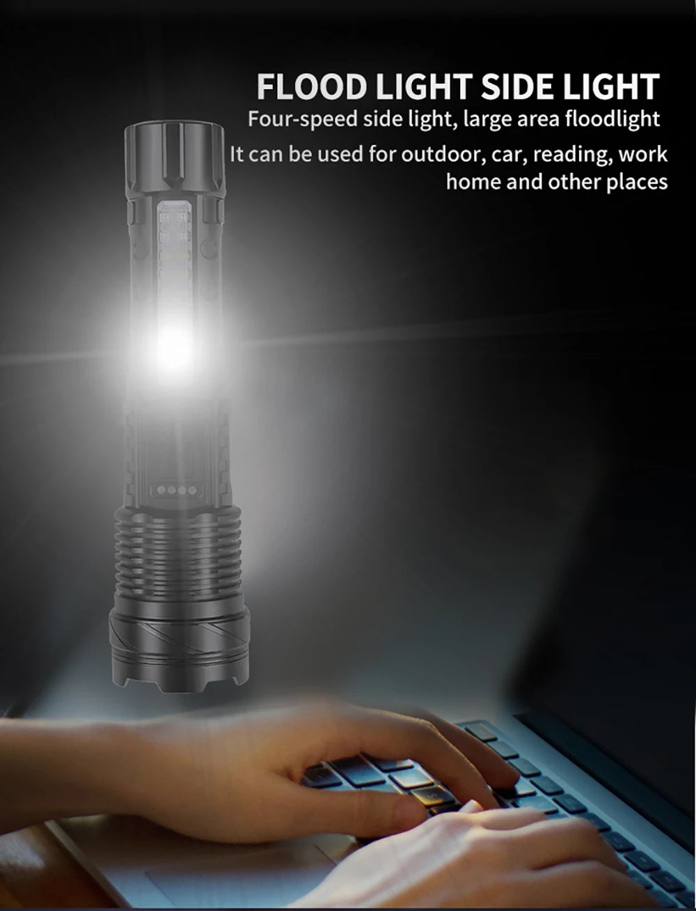 Powerful Xhp50 Led Flashlight Waterproof 18650 Torch With Side Light 7 Modes Camping Fishing Lantern Usb Rechargeable Zoom Lamp product image showing features or usage