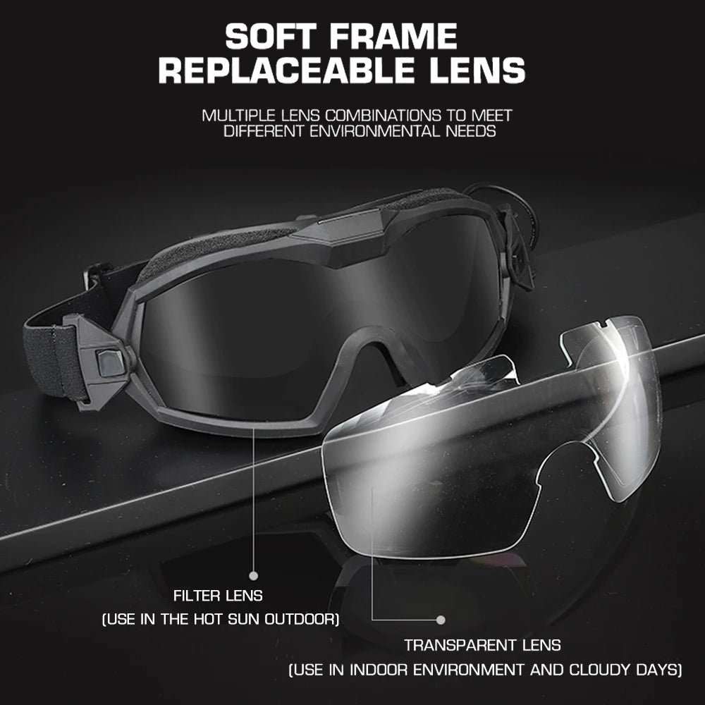 Goggles with interchangeable lenses on a black background