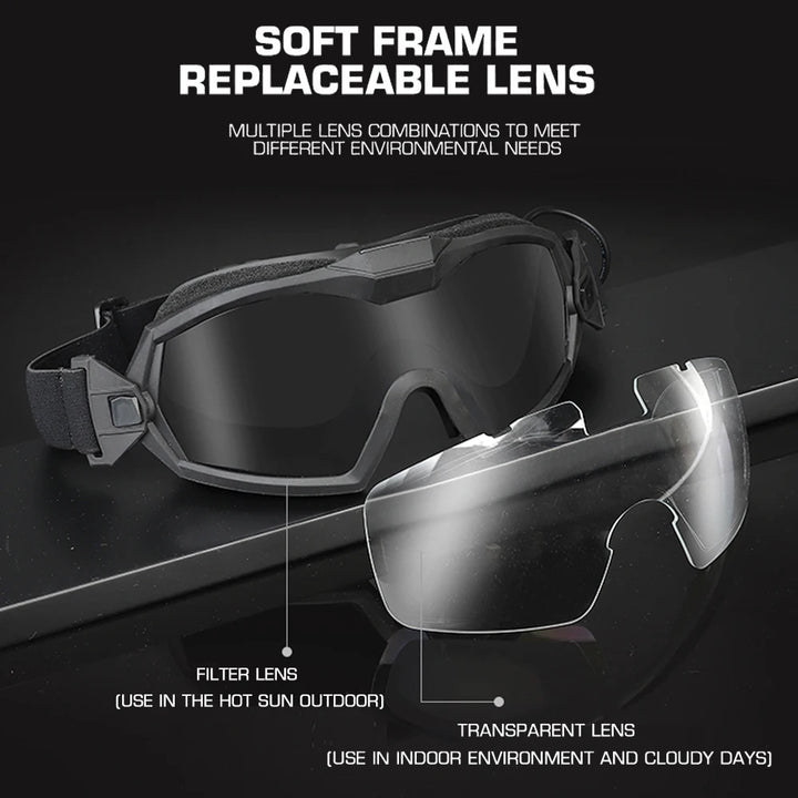 Goggles with interchangeable lenses on a black background