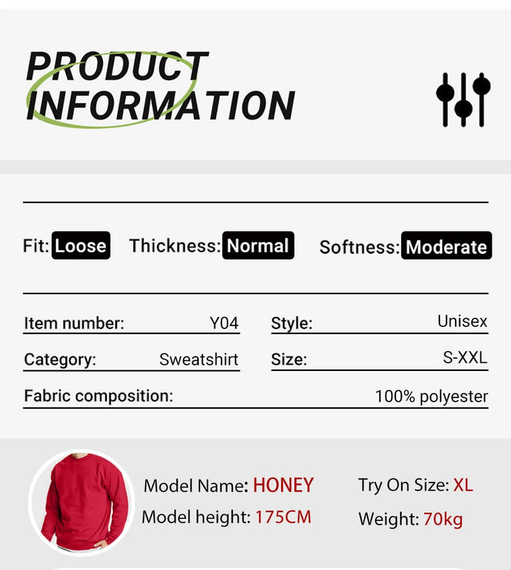 Product information label for a sweatshirt with details like fit, thickness, softness, item number, style, category, size, fabric composition, model name, and try-on size.