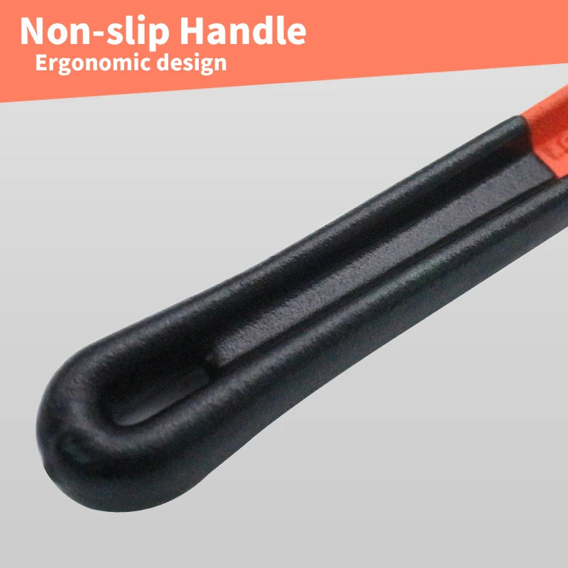 Bottom of a pipe wrench with a black non-slip handle and red accents on a gray background