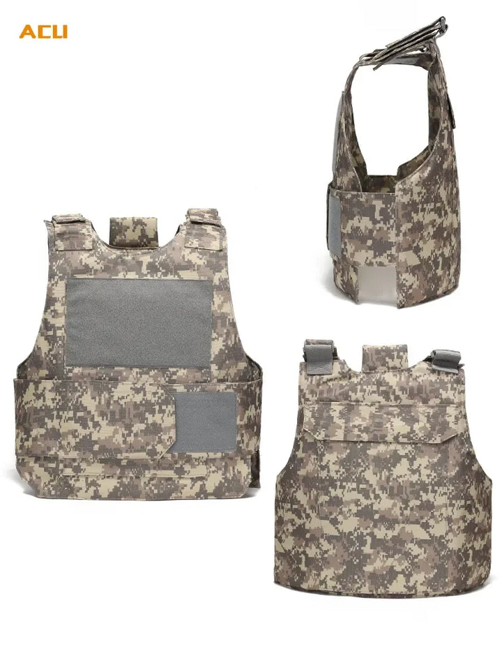 Camouflage tactical vest and pouch on a white background with 'ACU' branding.