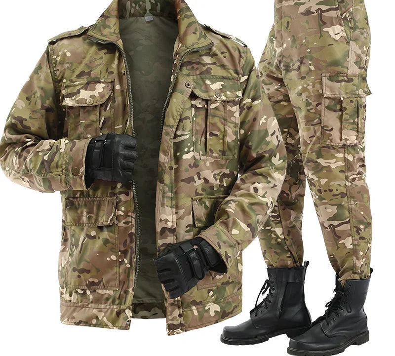 Camouflage military jacket, pants, and boots on a white background
