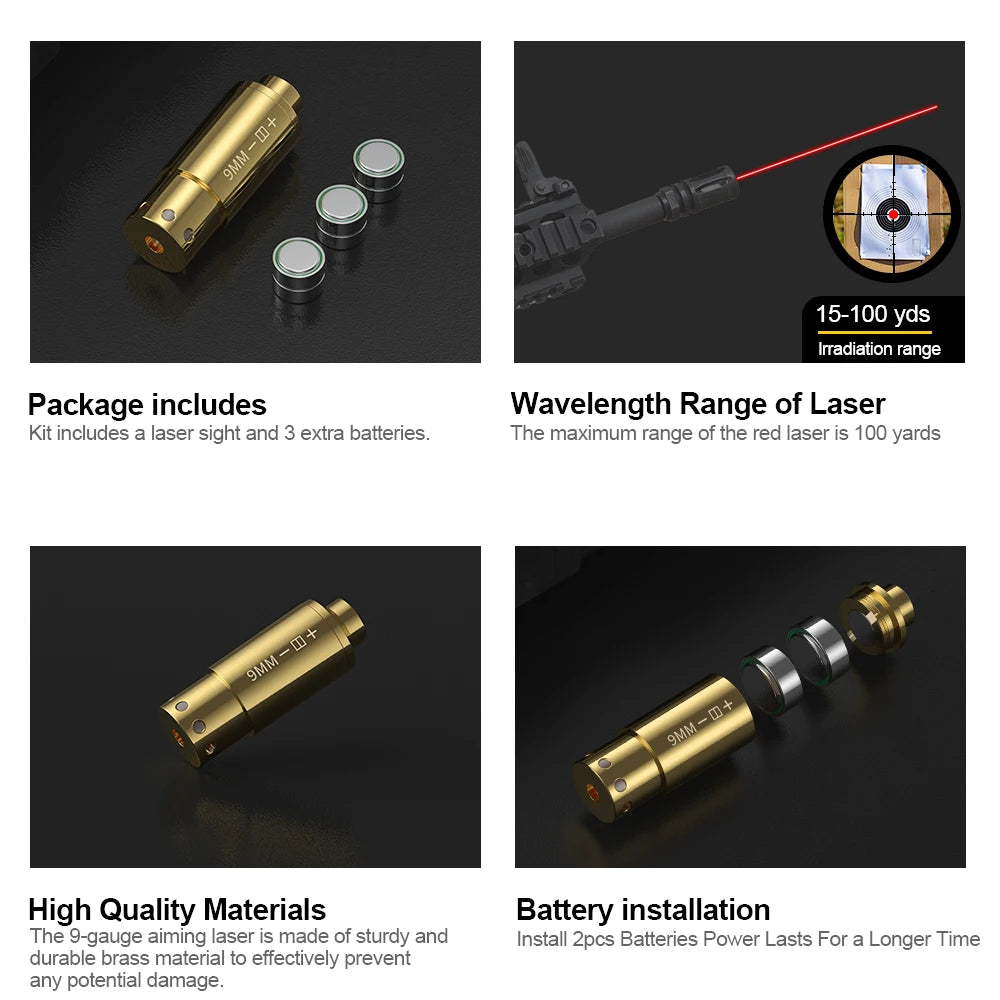Laser sight kit with batteries and installation details on a black background