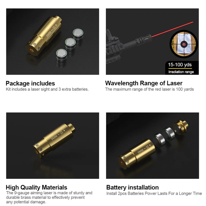 Laser sight kit with batteries and installation details on a black background