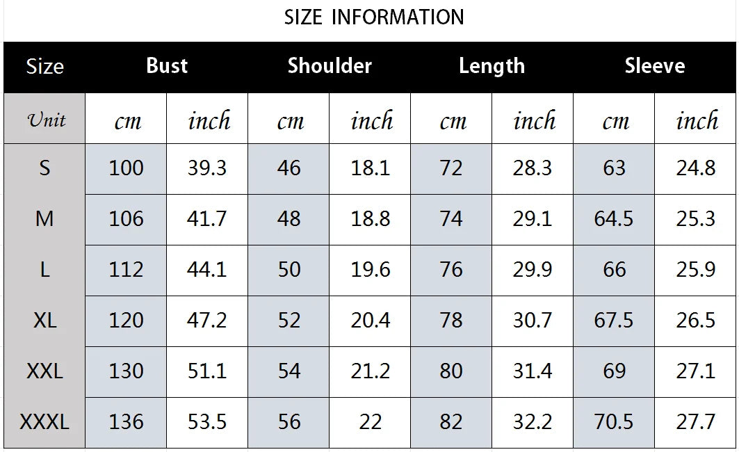 Size chart for clothing measurements in centimeters and inches