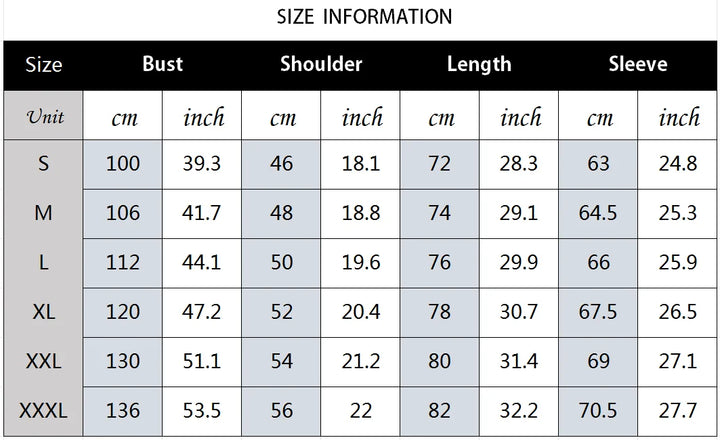 Size chart for clothing measurements in centimeters and inches