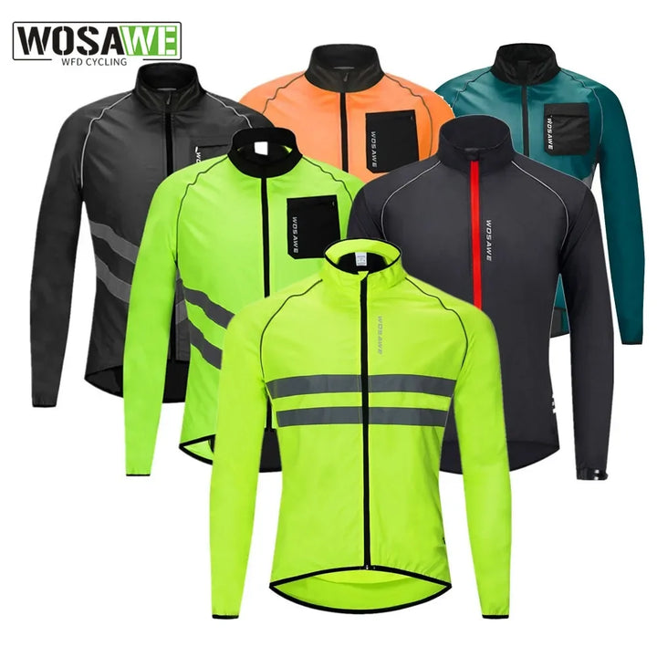 Collection of cycling jackets in various colors with WOSAWE branding.