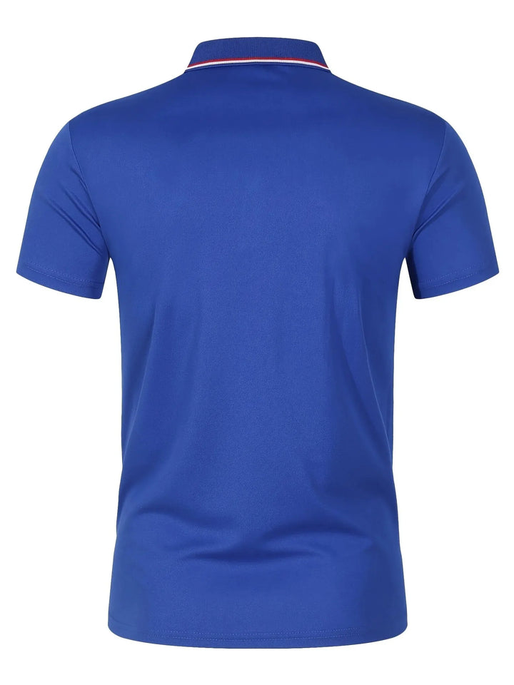 Back view of SmartGearPros breathable polyester polo shirt in solid blue color with button collar.