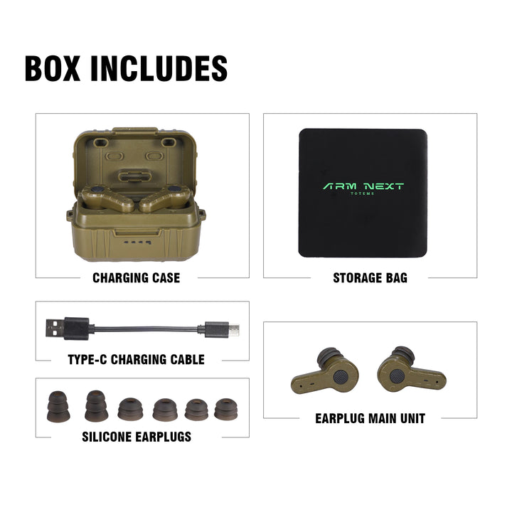 List of items included in a box with charging case, storage bag, charging cable, silicone earplugs, and earplug main unit.