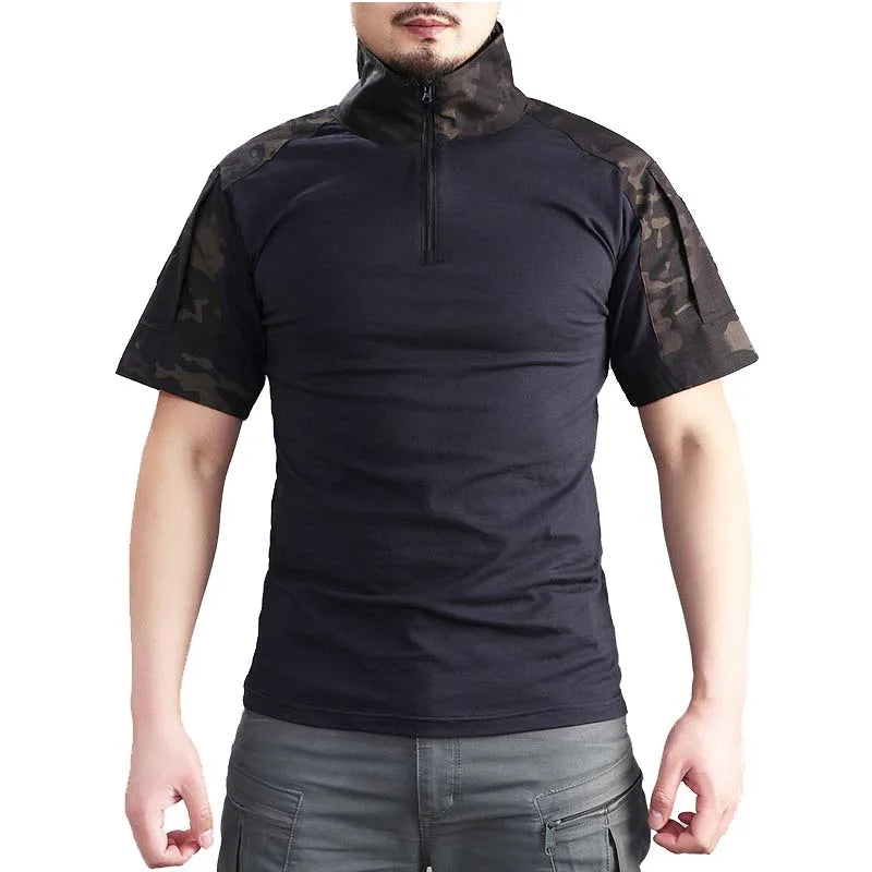 Black tactical shirt with camouflage sleeves worn by a person on a white background