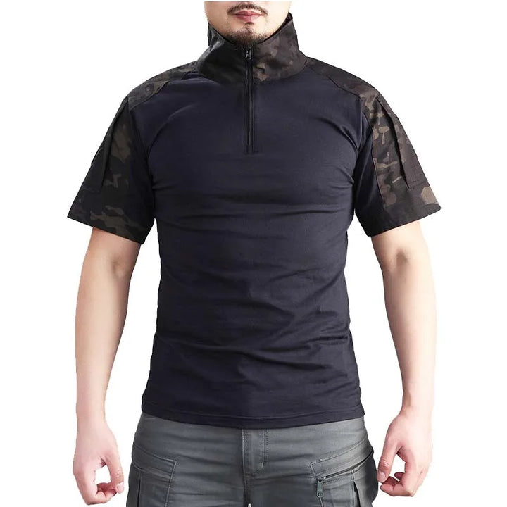 Black tactical shirt with camouflage sleeves worn by a person on a white background