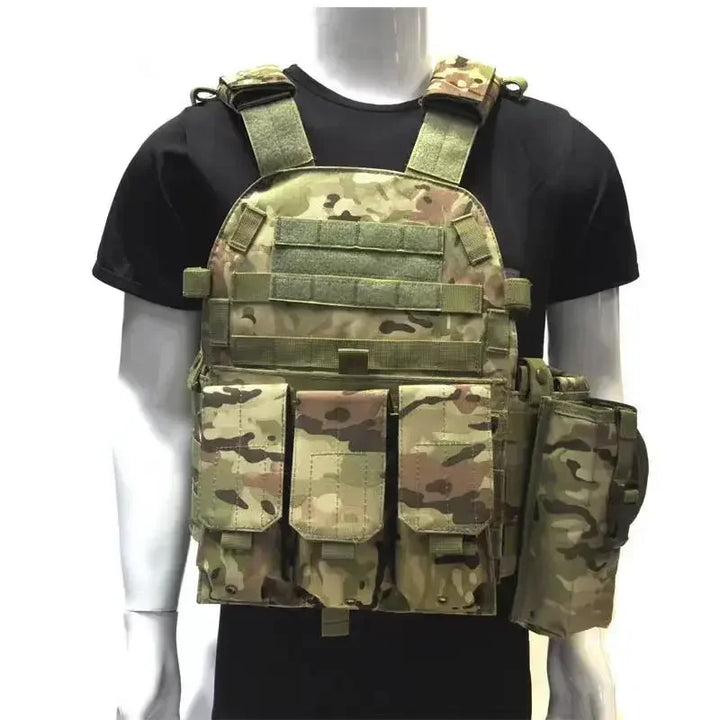 Camouflage tactical vest on a mannequin with a black shirt