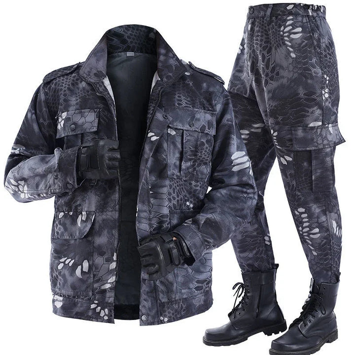 Camouflage jacket, pants, and boots on a white background