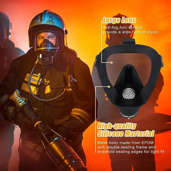 Firefighter wearing a helmet and mask with product details on an orange background MF14 Type Gas Mask