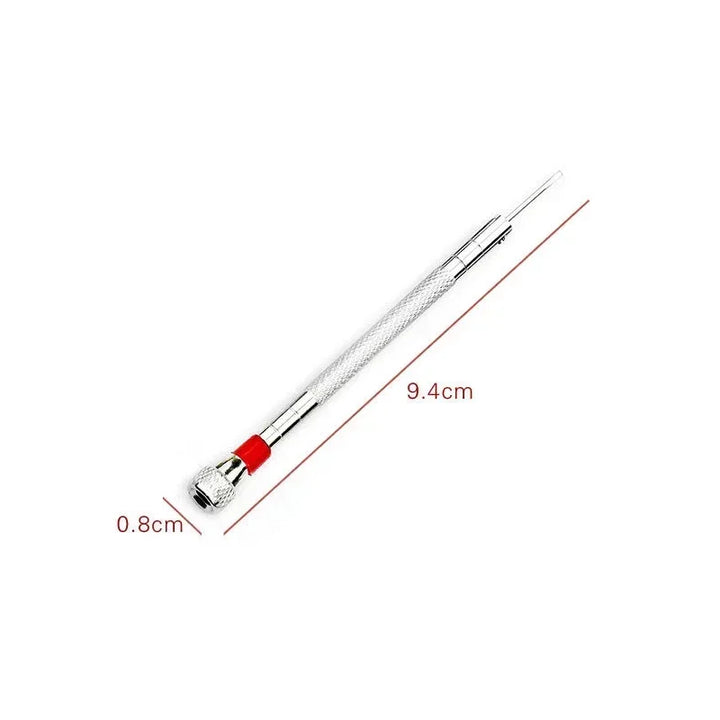 Five precision steel screwdrivers with color-coded heads neatly arranged on a clean wooden surface, alongside a yellow blister pack case showing the full 5-piece set with extra bits.