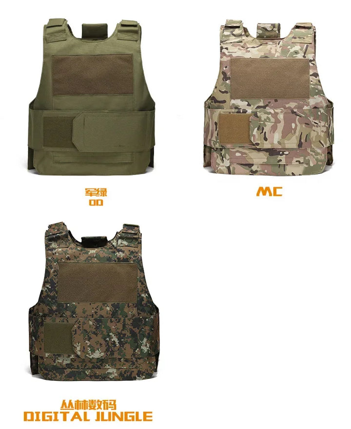 Three tactical vests in different patterns on a white background with 'Digital Jungle' branding.