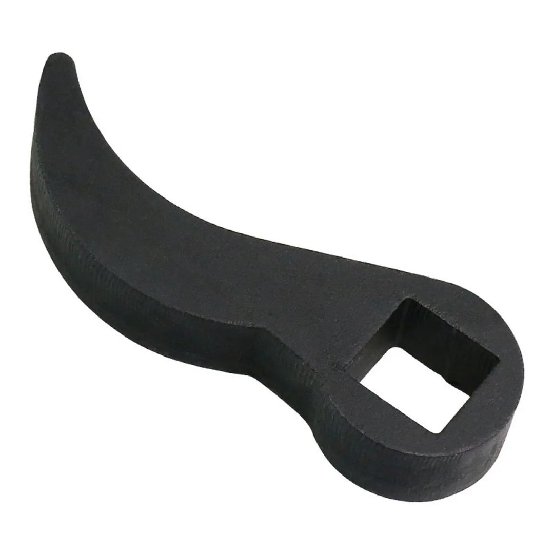 Black plastic tool with a unique shape on a white background