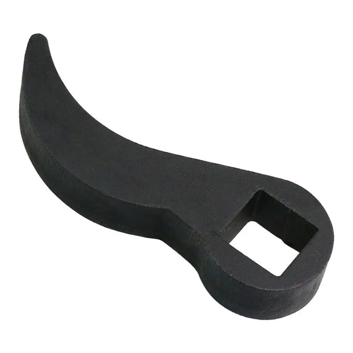 Black plastic tool with a unique shape on a white background
