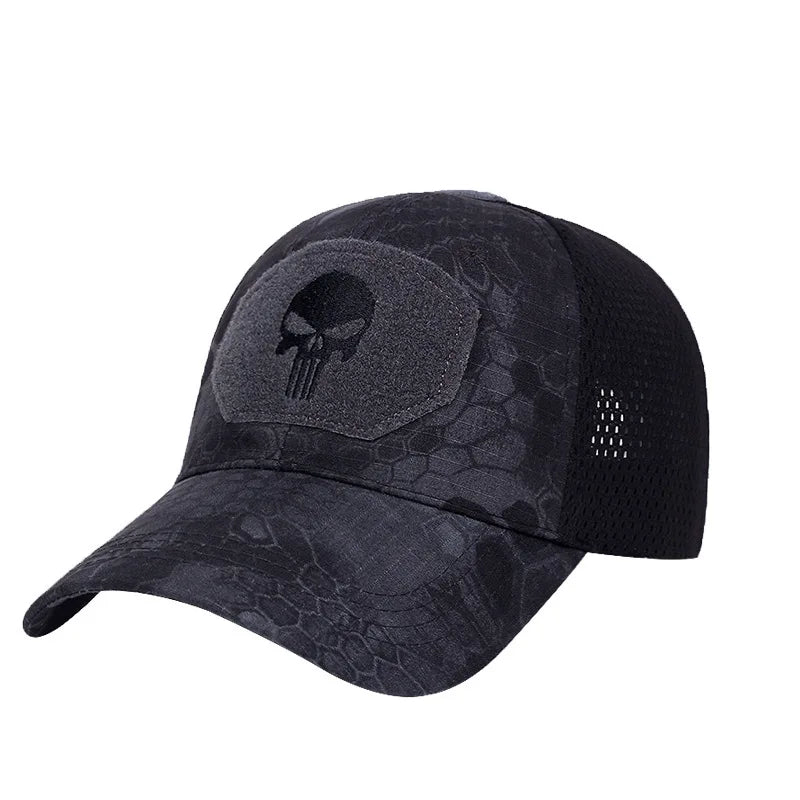 Black tactical cap with Punisher skull patch on a white background
