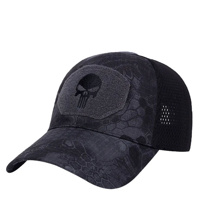 Black tactical cap with Punisher skull patch on a white background