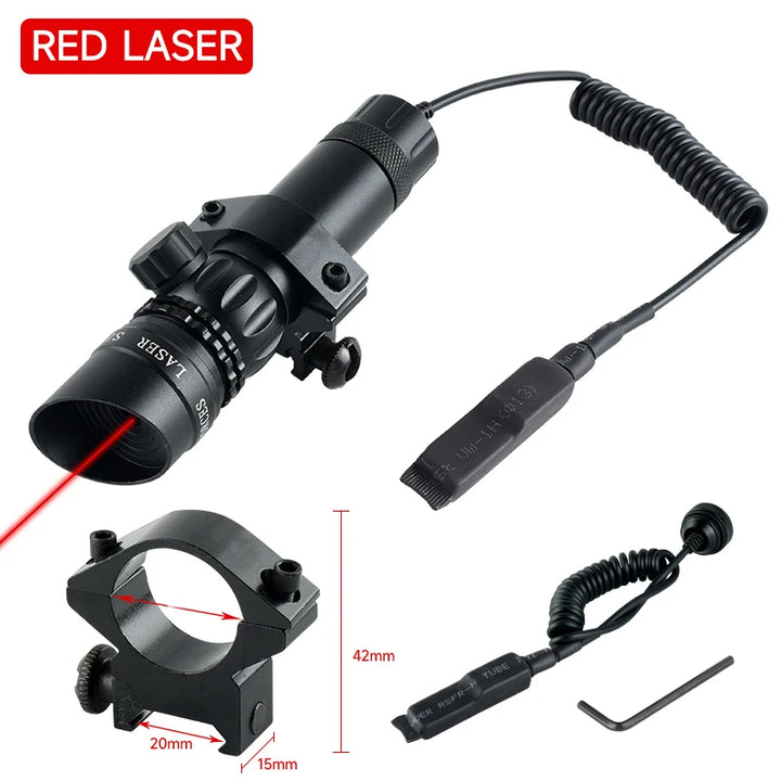 Tactical red laser sight with mounting bracket and coiled cable on a white background