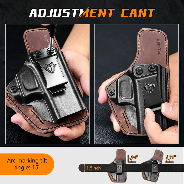 Holster with adjustable cant feature shown on a black background