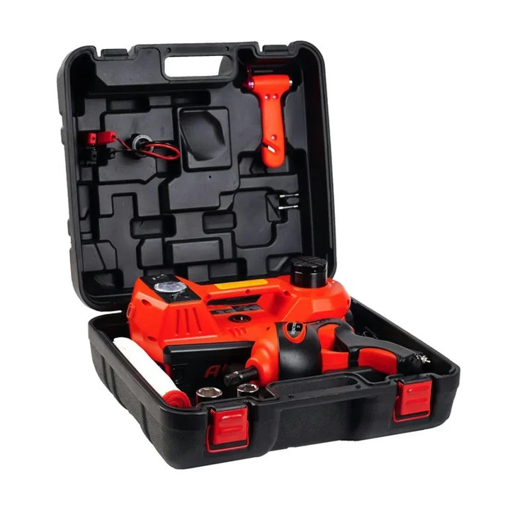 Tool kit open showing jack, wrench, and inflator neatly packed