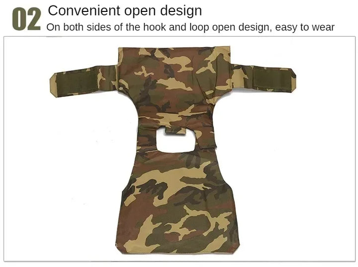 Camouflage-patterned vest with text on convenient open design