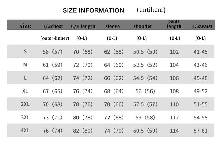 Size chart for clothing measurements in centimeters