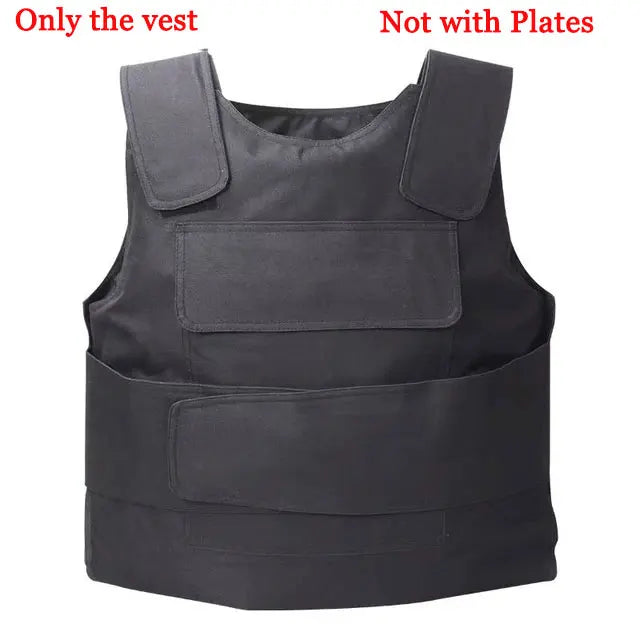 Black bulletproof vest on a white background with text indicating it is 'Only the vest Not with Plates'.