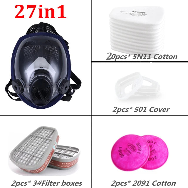 Full-face safety mask with various components and filters on a white background