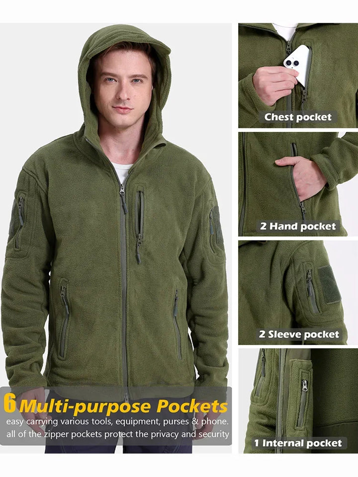 Green hooded jacket with multiple pockets on a white background