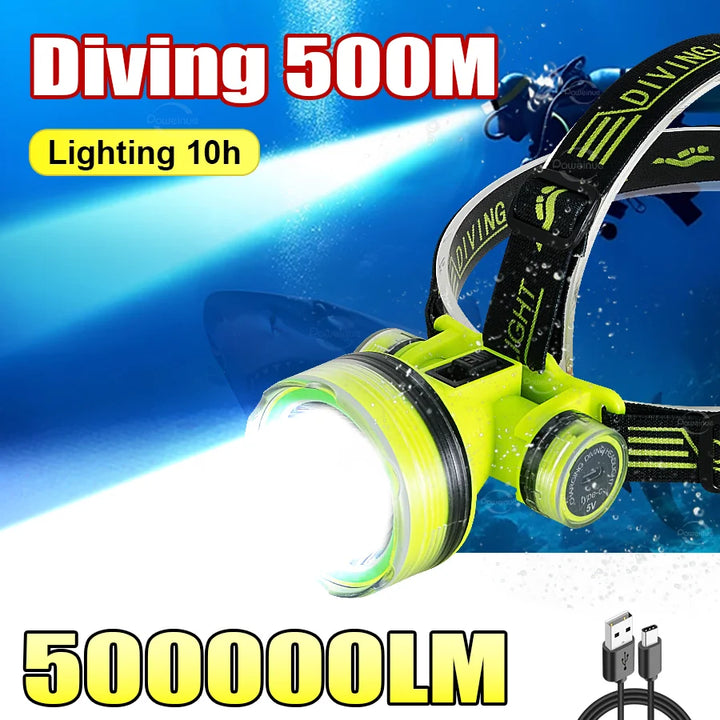 Professional Diving Led Headlamp Portable Rechargeable Usb Diving 500M Underwater Headlight Diver Spearfishing Head Flashlight product image showing features or usage