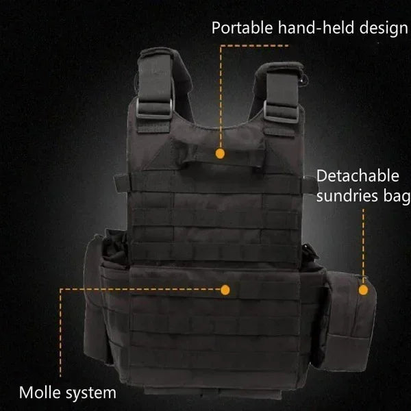 Black tactical vest with features highlighted on a black background